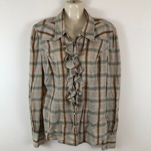 Lucky Brand Western Cowgirl Ruffle Glitter Plaid Shirt Size Medium